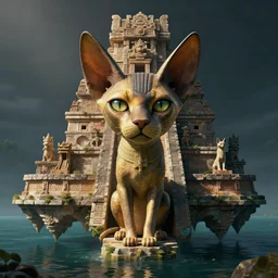 hyperrealistic dslr film still of floating mayan temple in the middle of a lake devoted to sphynx cat, stunning 8 k octane comprehensive 3 d render, inspired by istvan sandorfi & greg rutkowski & unreal engine, perfect facial symmetry, dim volumetric cinematic lighting, extremely hyper - detailed, incredibly real lifelike attributes & flesh texture, intricate, masterpiece, artstation, stunning