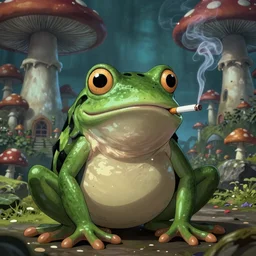 A portrait of a scary godlike anthropomorphic frog smoking a cigarette , mushroom mansion in the background . award winning. superb resolution. in the art style of junji Ito and greg rutkowski . Detailed Mushroom city in background. Hyper realistic anime. Perfect art. Dalle2