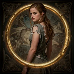 clear portrait of emma watson, somber appearance, ripped clothing, looking her shoulder, wearing the one ring of sauron, background hyper detailed, character concept, full body, dynamic pose, intricate, elegant, highly detailed, digital painting, artstation, concept art, smooth, sharp focus, illustration, art by artgerm and greg rutkowski and alphonse mucha