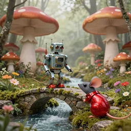adventurer ( ( ( ( ( 1 9 5 0 s retro future robot android mouse in forrest of giant mushrooms, moss and flowers stone bridge waterfall. muted colors. ) ) ) ) ) by jean baptiste monge!!!!!!!!!!!!!!!!!!!!!!!!! chrome red
