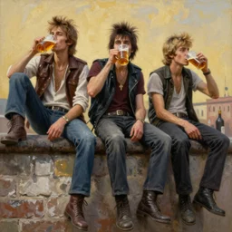 beautiful oil matte portrait painting, 8 0 s punks sitting on top of the berlin wall drinking beer, wonderful masterpiece highly detailed, beautiful cinematic light deep focus, elegant, digital painting, smooth, sharp focus, golden ratio, dramatic illumination, ultra realistic, 8 k, art by jimmy law