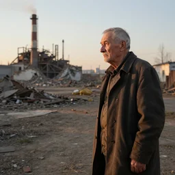 a sad solitary old man looks on in the evening sunlight as in the distance a factory is demolished, in the style of anton fadeev