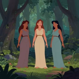 the three fates, greek mythology, forest clearing, cel shaded vector art, toon shading, behance, hd, by eric goldberg, disney animation still