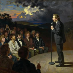 Stewart Lee performs stand up to an angry audience, oil on canvas, by Juan Luna