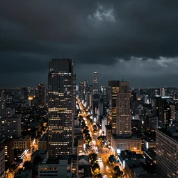 a brightly lit cityscape, with towering buildings and busy streets. however, the sky is dark and stormy, and the city feels eerie and foreboding.