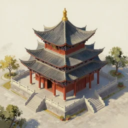 top three quarter isometric view of traditional chinese temple in yunnan, realistic digital oil painting