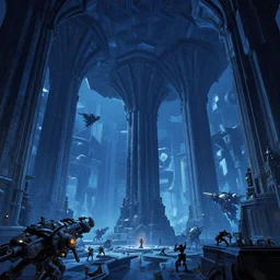 the depths of a vast artificial world with massive towering pillars holding the ceiling of the incredibly geometric landscape up, detailed, cobalt coloration, energetic beings patrolling, extreme depth, wayne barlowe and mc escher collaboration, void and dark lighting, colossal hovering machine automations of brutalist design visible in the foreground as a light source