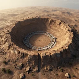 human crater ( 3 d, with artificial horizon, digital art, soft light, real - time raytracing ) photograph. detailed plan view, photoshop.