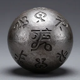 an iron ball with weird symbols engraved on it, the ball is on a pedestal. the light enter the room by a hole in the ceiling. burning
