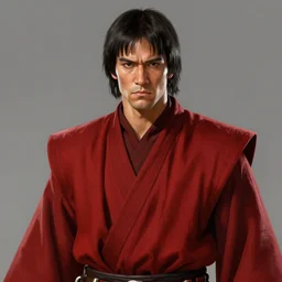 portrait of a man by greg rutkowski, jedi knight, japanese features, straight jaw, samurai vibes, short black hair with bangs, tall and muscular, attractive, wearing red colored jedi robes, star wars expanded universe, highly detailed portrait, digital painting, artstation, concept art, smooth, sharp foccus ilustration, artstation hq