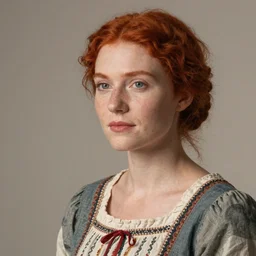 a rustic woman wearing dress, detailed face, redhead, by greg rutkowski, mandy jurgens