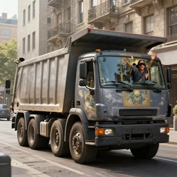 a dump truck transformer driving down a city street with a person waving their hand out the window, hyper realistic, extremely detailed, raytracing, art by artgerm, greg rutkowski and alphonse mucha, artstation, octane render