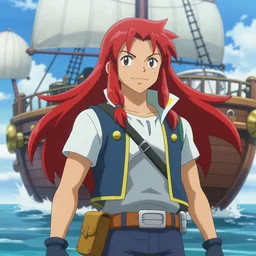 A pokemon style portrait of a long haired, red headed male sky-pirate in front of an airship