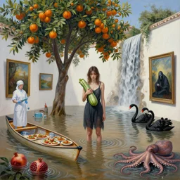 realistic painting of a flooded spanish art gallery in marbella, orange trees, a tall emo girl, holding a courgette, tapas, paintings on walls, surgical equipment and nurse, canoe, pomegranates, floodwaters, squid ink, the grim reaper, waterfall from the wall, black swans, octopus, sensual, puddles, zen, surrealist, by magritte and monet