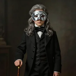 portrait painting of a 3 0 years old male, wearing a silver melt mask, long grey hair, gentleman's dress, with a cane in his hand ， unreal render cinematic lighting art 1 9 2 0 period drama by bussiere rutkowski andreas rocha