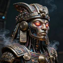 futuristic steampunk mayan alien portrait, ancient mayan, mechanical internals, smoke, exposed wire sparks, hyper realistic shiny textures, 8 k, intricate details, fluorescent glow, science fiction space horror, unreal engine, dark, heavy shading