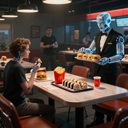 a photorealistic hyperrealistic render of a cyberpunk fast food table with mcdonald's sushi, served by holographic waiters, interior scene by greg rutkowski, wlop, artgerm, distopic, dramatic lighting, strong shadows, volumetric, cinematic atmosphere, octane render, artstation, 8 k