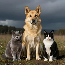 a yellow shepherd mixed dog, sitting next to a russian blue cat sitting next to a black and white cow cat