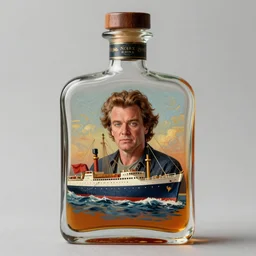 imagine a ship in a bottle but instead of a ship a young jack nicholson is in the bottle, jack nicholson, fancy whiskey bottle, masterpiece painting by greg rutkowski