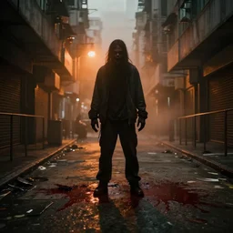 dirty, dark, streets of Hong kong, a creepy orange mist through the streets, blood puddles on the floor, debris on the floor, cinematic lighting, a scary monster looking at the camera,