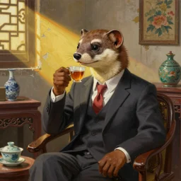 portrait painting of a weasel wearing a suit drinks tea in a shabby chinese room by wenjun lin, irakli nadar, bright colors, octopath traveler, wenjun lin, unreal engine 5 highly rendered, global illumination, 9 radiant light, detailed and intricate environment