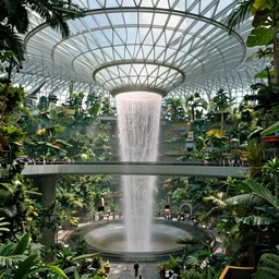 movie still frame, glass dome, luxurious futuristic city dome with waterfalls inside a lush jungle, bridges with tourists, beautiful composition, sunny, steam, 8 k, cgi, by ridley scott, james cameron, zack snyder and michael bay