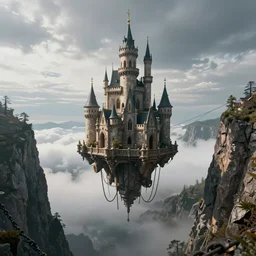 hyper realistic cinematic view of floating castle hanging by chains in the air, in between a gorge, below only cloud dark void, structured by chains and cables on base, 8 k resolution