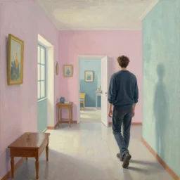 a man wandering around a series of pastel coloured rooms incredibly confused oil painting