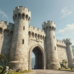 entrance to the castle, fortress, bastion, smooth walls, mystical towers, high fantasy, very long shot, low angle, digital art, sharp focus, natural lighting, high quality, landscape background, illustration, videogame background,