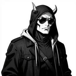 comic book grim reaper wearing sun glasses spy hunter illustration black and white