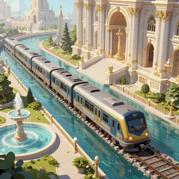 An urban train rides inside of a waterway on a fantasy city, next to a fountain and a mystical palace, intricate, elegant, volumetric lighting, digital painting, highly detailed, artstation, sharp focus, illustration, concept art, ruan jia, steve mccurry