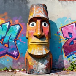 moai statue popart slap face caricature cartoon graffity street digital artstation colorful vibrant beeple, by thomas kinkade