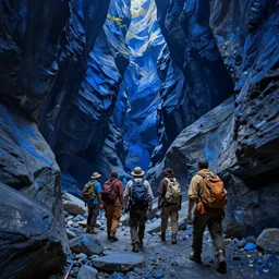 a party of adventurers exploring a claustrophobic dark blue canyon of stone, oil painting, unreal engine, octane render, highly detailed - 5 7 6