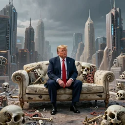 a photo of trump sitting on a sofa of bones surrounded by a cyber futuristic cityscape made of human body parts, ultra detailed, 8 k resolution, beautiful lighting, expansive detailed layered city, landscape, sigma 8 5 mm, award winning photography
