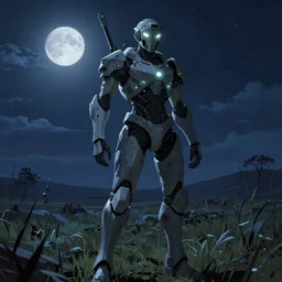 warframe!! standing in a field at night, night time, moonlight, dark blue sky, finely illustrated, highly detailed, octane render, glowing bio lights, glowing eyes, good value control, good edge control, anime, animation, 8 k, segmented armor, segmented organic armor, moody lighting