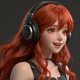 complicated dynamic composition,realistic anime style at Pixiv,CGSociety by WLOP,ilya kuvshinov,krenz cushart,Greg Rutkowski,trending on artstation. Zbrush sculpt colored,Octane render in Maya and Houdini VFX,realistic close-up face of cute young redhead girl, expressing joy, dress,headphones,silky hair, deep eyes.Amazing textured brush strokes.Cinematic dramatic atmosphere,sharp focus, soft volumetric studio lighting.