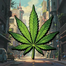 an optimistic futuristic city street with a pop cannabis leaf motif, freestyle thick black edges, by studio ghibli