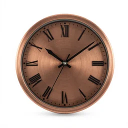 copper wall clock, 8k product photo, isolated on a pure white background, centered, entire object in frame, sharp focus, soft studio lighting