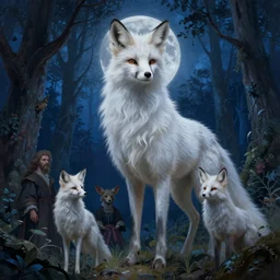 matte symmetrical portrait of the tall white deer fox, a tough furry mythical beast in a blue moonlit enchanted forest by dave dorman hieronymus bosch, cyril rolando, esher and natalie shau, whimsical, profound, impossible, dark, atmospheric, brooding, digital painting, intricate.