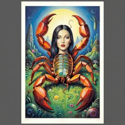 a 1 9 7 0's airbrush style tour poster illustrated by bruce pennington, geometric scorpion, half woman, half scorpion body, futuristic lush landscape, psychedelic glowing eyes