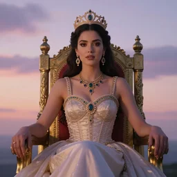 portrait photography of american princess of the dawn, beautiful woman, elegant, celebration costume, jewellery, sitting in the throne, highly detailed, hyper realistic, dramatic sky, dawn, pastel, deep gaze, pretty face, glowing, in the style of annie leibovitz
