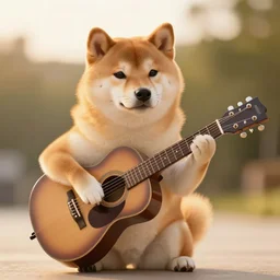 shiba inu play guitar, golden hour