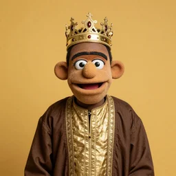 studio photograph of a smiling Sudanese man as a muppet wearing a gold crown with a yellow gold background, front view