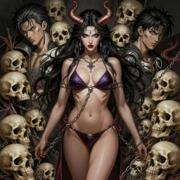 gorgeous!! woman as a chained demoness sorcerer empress wearing a bikini, d & d, morrigan aensland, skulls | art by jack kirby + akira toriyama + katsuhiro otomo + hirohiko araki | intricate, highly detailed, digital painting, smooth, sharp focus, hyper - realistic, symmetrical, octane render