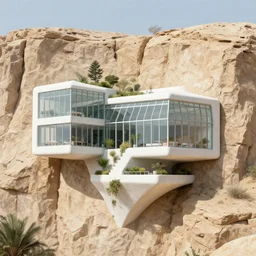 lateral view, habitat 7 6 glass house built on the side of a vertical cliff, brutalist architecture, desert, digital painting, white concrete, gardens, sandstone, highly detailed, smooth, sharp focus, 3 d rendering, octane, unreal engine, moebius, digital, maya, award winning, trending on artstation