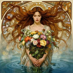 portrait of a beautiful mysterious woman holding a bouquet of flowing flowers, drenched clothing, long hair flowing upwards touching the surface of the water, hands hidden under the bouquet, emerging from the water, fantasy, regal, intricate, by stanley artgerm lau, greg rutkowski, thomas kinkade, alphonse mucha, loish, norman rockwell