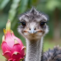 dslr photo of dragonfruit with photo realistic cute ostrich face