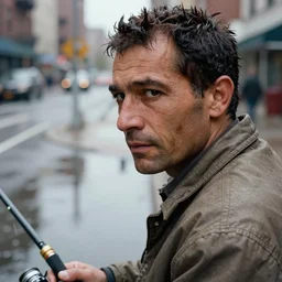 closeup portrait of a man fishing in a puddle rainy new york street, by Steve McCurry and artgerm, natural light, detailed face, CANON Eos C300, ƒ1.8, 35mm, 8K, medium-format print