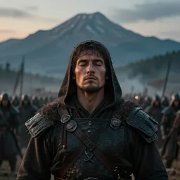cinematic artwork close up of a warrior standing front and center in front of his army on a battlefield, light on his face, eyes closed, mountains behind him, dusk, atmospheric, artwork by Greg Rutowski, masterpiece, 4k