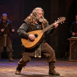 detailed photo of a Half-orc bard portrayed by Gary Busey playing a lute on a wooden stage, 8k,by Tristan Eaton, Stanley Artgermm, Tom Bagshaw, Greg Rutkowski, Carne Griffiths, trending on DeviantArt, face enhance, hyper detailed ,full of color, dramatic lightning, epic stance